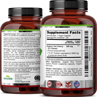 Zazzee USDA Organic Tart Cherry 10:1 Extract, 120 Vegan Capsules, 4 Month Supply, Montmorency Cherry, Daily Wellness Antioxidant Support, Organic Herbal Supplement, All-Natural, Non-GMO, Made in USA - dailyvitalstore