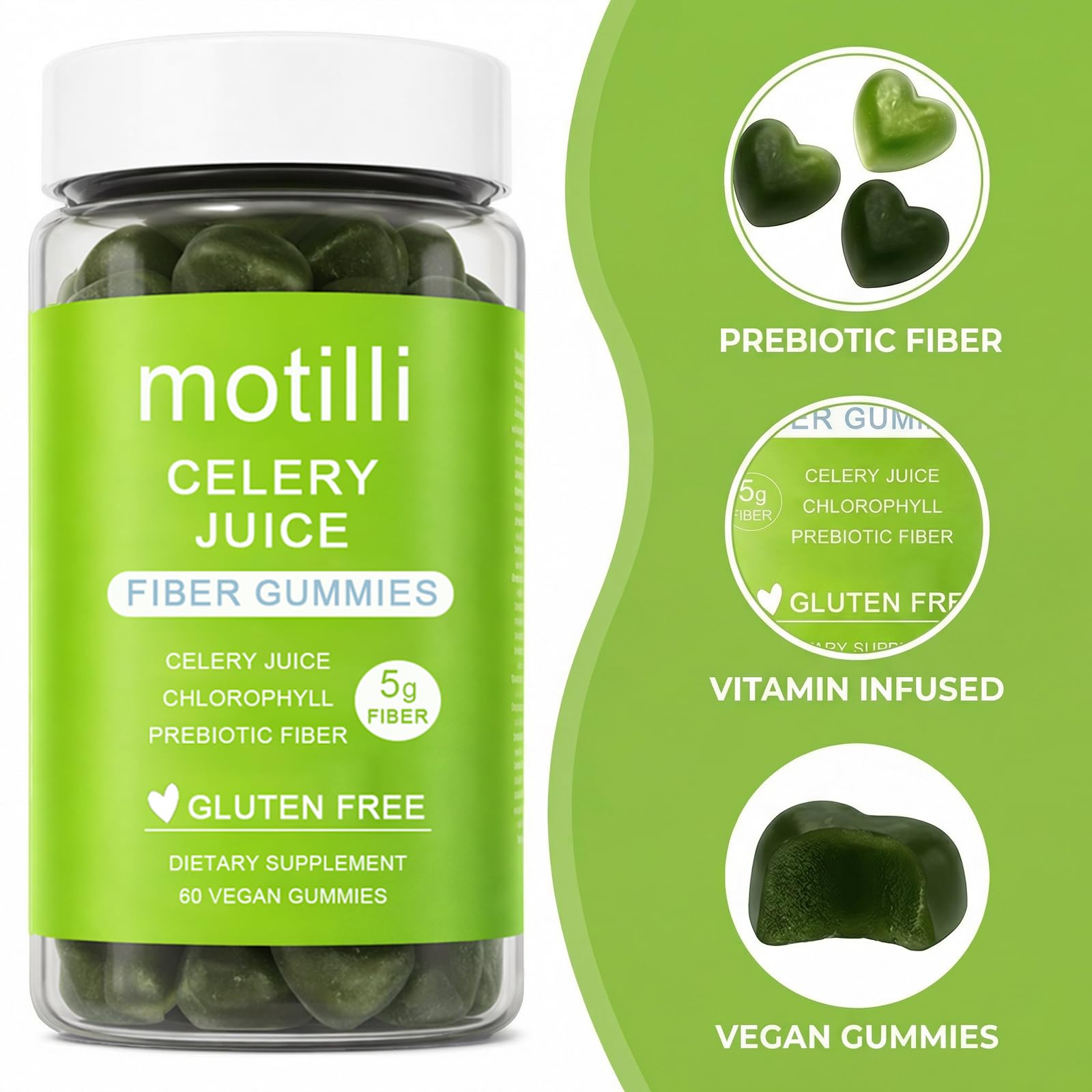 zdiwond Motilli Celery Juice Fiber Gummies, with Prebiotic Fiber and Botanical Ingredients, 60 Count - dailyvitalstore