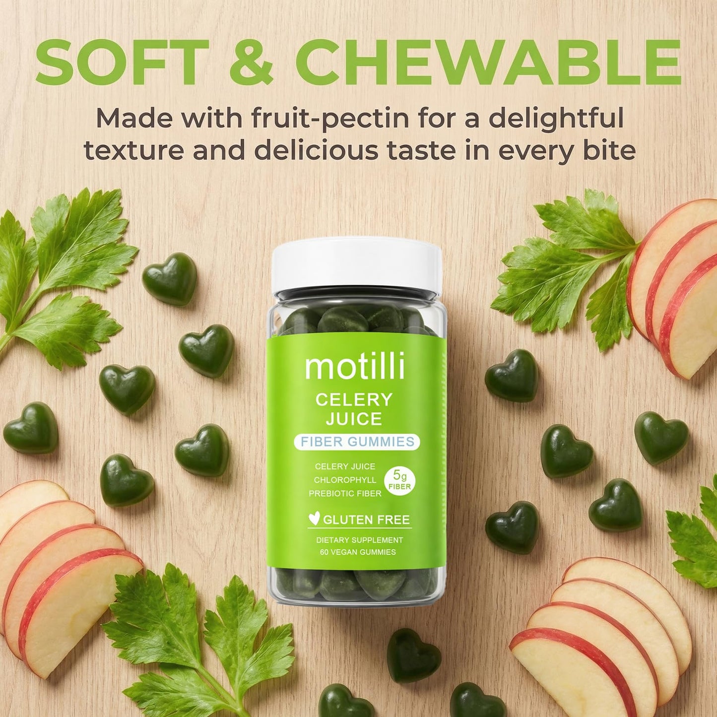 zdiwond Motilli Celery Juice Fiber Gummies, with Prebiotic Fiber and Botanical Ingredients, 60 Count - dailyvitalstore
