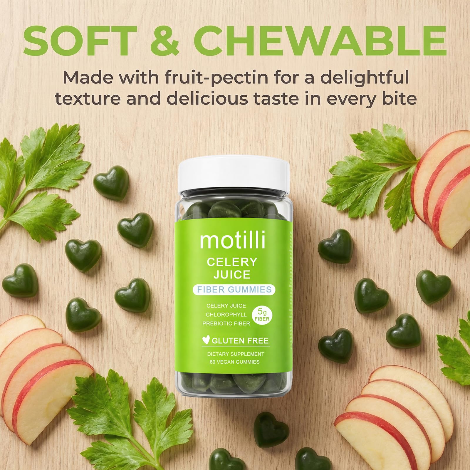 zdiwond Motilli Celery Juice Fiber Gummies, with Prebiotic Fiber and Botanical Ingredients, 60 Count - dailyvitalstore