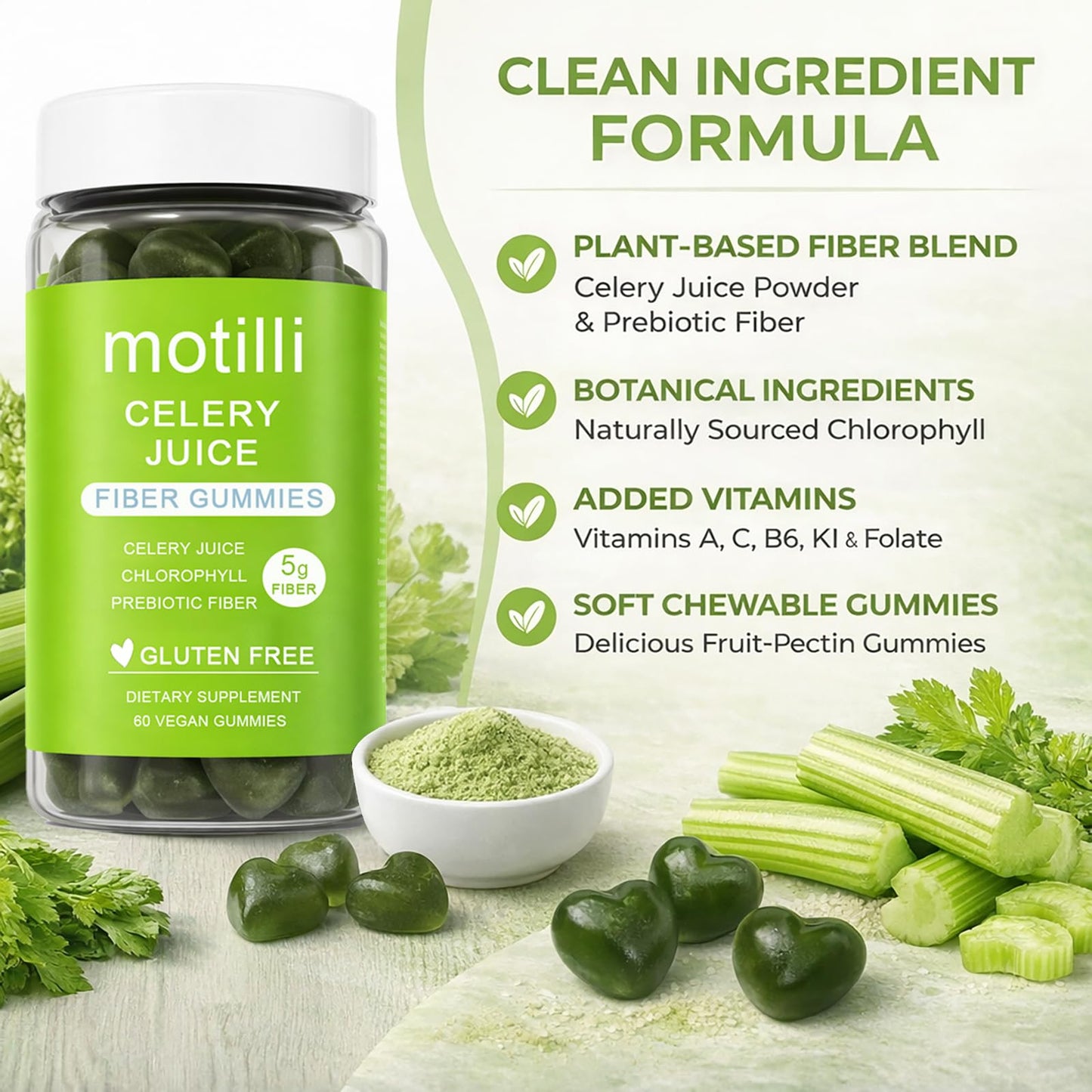 zdiwond Motilli Celery Juice Fiber Gummies, with Prebiotic Fiber and Botanical Ingredients, 60 Count - dailyvitalstore