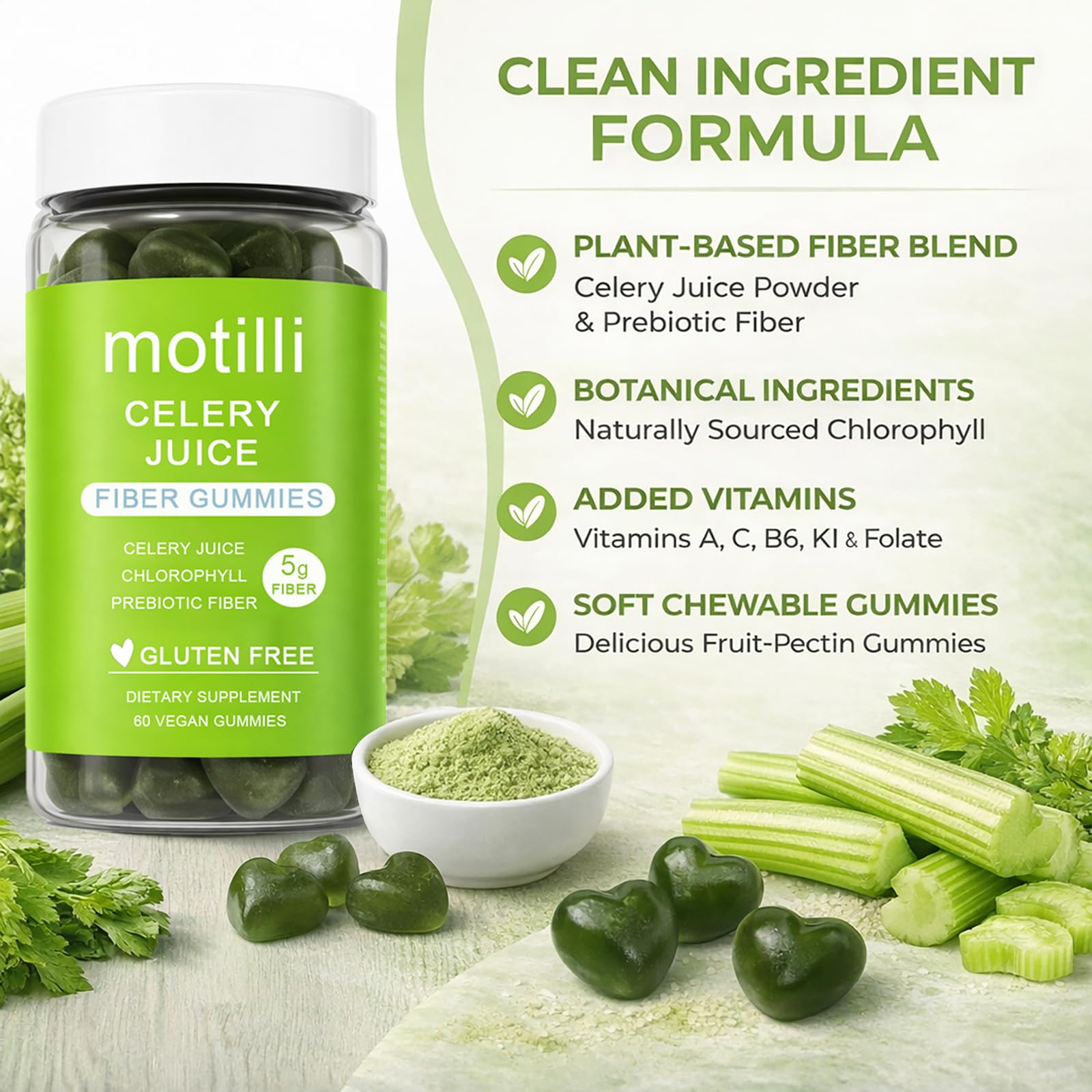 zdiwond Motilli Celery Juice Fiber Gummies, with Prebiotic Fiber and Botanical Ingredients, 60 Count - dailyvitalstore