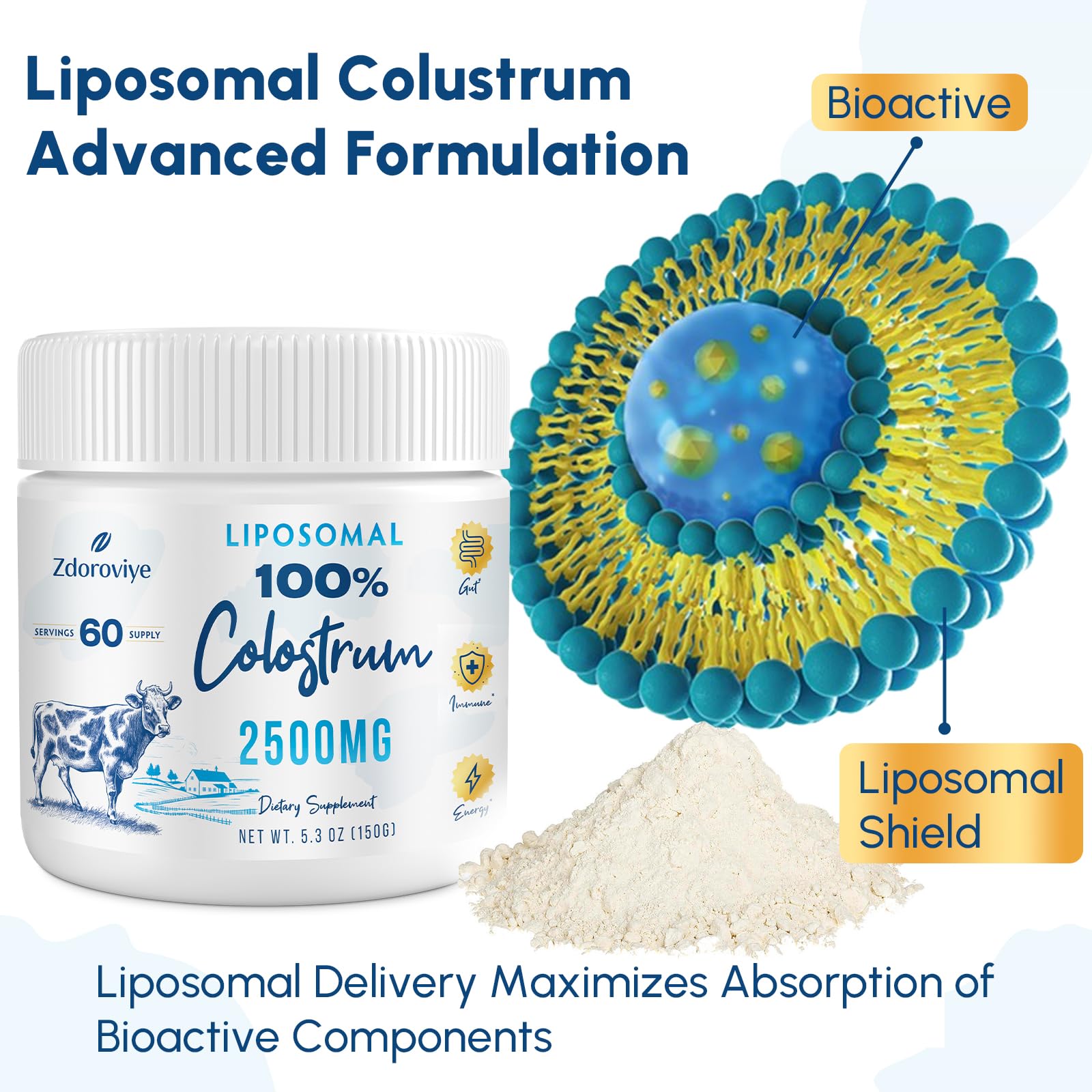 Zdoroviye Liposomal Bovine Colostrum Powder Supplement 2500 mg, Higher Absorption Than Regular Bovine Colostrum (60 Servings) - dailyvitalstore