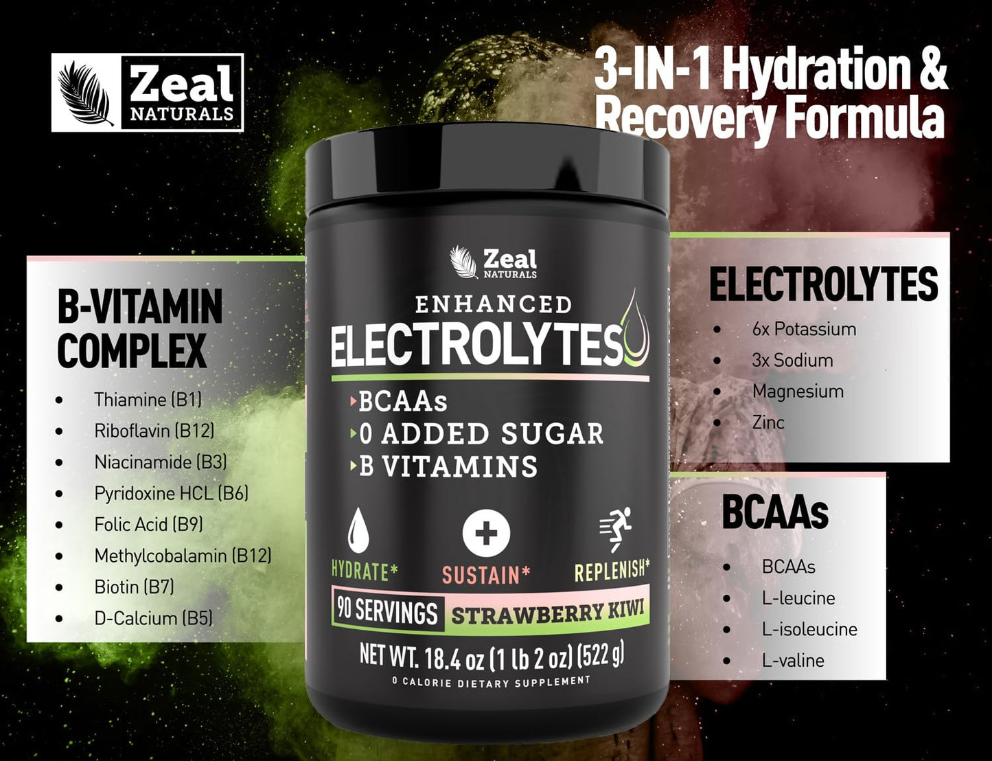 Zeal Electrolyte Powder - 90 Servings | Keto Electrolytes Powder | Zero Sugar, BCAAs, B-Vitamins | Potassium, Zinc, Magnesium - dailyvitalstore