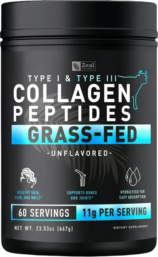 Zeal Naturals Hydrolyzed Collagen Peptides Powder, 10g Protein | Grass-Fed Collagen for Women & Men | Essential Amino Acids | Hair, Skin, Nails, Bone Health | 60 Servings, Unflavored, 23.53 oz. - dailyvitalstore