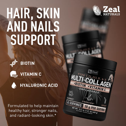 Zeal Naturals Multi Collagen Protein Peptides Powder Types I II III V X - Vitamin C, Biotin & Hyaluronic Acid - Hair, Skin & Nails - Marine, Bovine, - dailyvitalstore