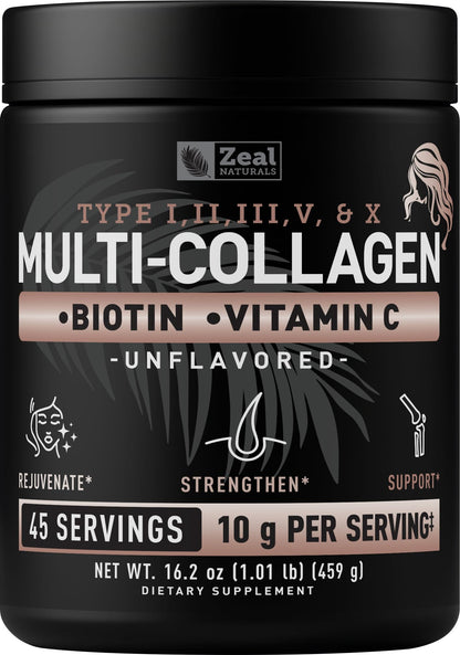 Zeal Naturals Multi Collagen Protein Peptides Powder Types I II III V X - Vitamin C, Biotin & Hyaluronic Acid - Hair, Skin & Nails - Marine, Bovine, Chicken & Eggshell - Unflavored, 45 Servings - dailyvitalstore