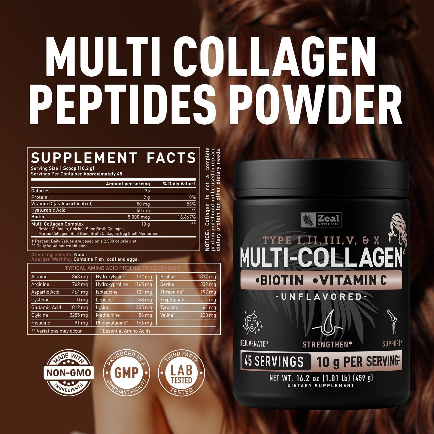 Zeal Naturals Multi Collagen Protein Peptides Powder Types I II III V X - Vitamin C, Biotin & Hyaluronic Acid - Hair, Skin & Nails - Marine, Bovine, Chicken & Eggshell - Unflavored, 45 Servings - dailyvitalstore