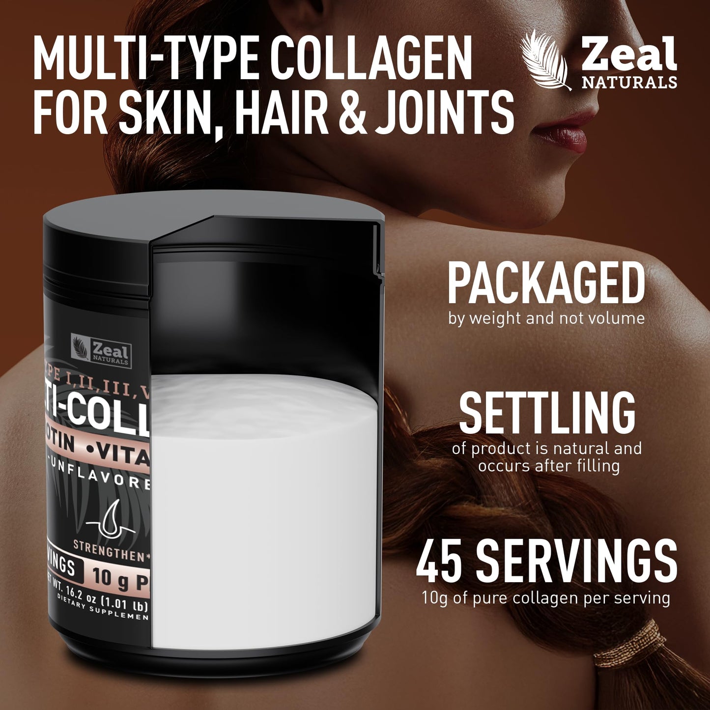 Zeal Naturals Multi Collagen Protein Peptides Powder Types I II III V X - Vitamin C, Biotin & Hyaluronic Acid - Hair, Skin & Nails - Marine, Bovine, Chicken & Eggshell - Unflavored, 45 Servings - dailyvitalstore