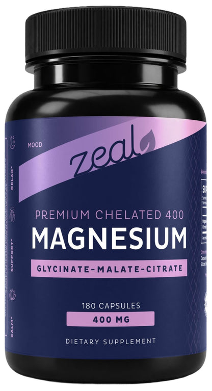 Zeal Naturals Triple Magnesium Complex Supplement - Glycinate, Malate, Citrate | 400mg, 180 Capsules | High Absorption Chelated Magnesium for Sleep, Mood, Muscle Recovery, Relaxation - dailyvitalstore