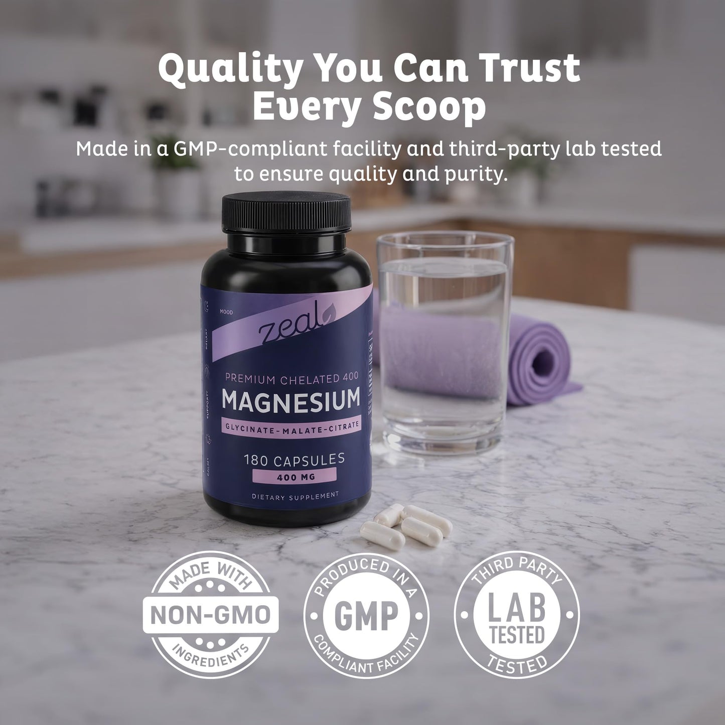 Zeal Naturals Triple Magnesium Complex Supplement - Glycinate, Malate, Citrate | 400mg, 180 Capsules | High Absorption Chelated Magnesium for Sleep, Mood, Muscle Recovery, Relaxation - dailyvitalstore