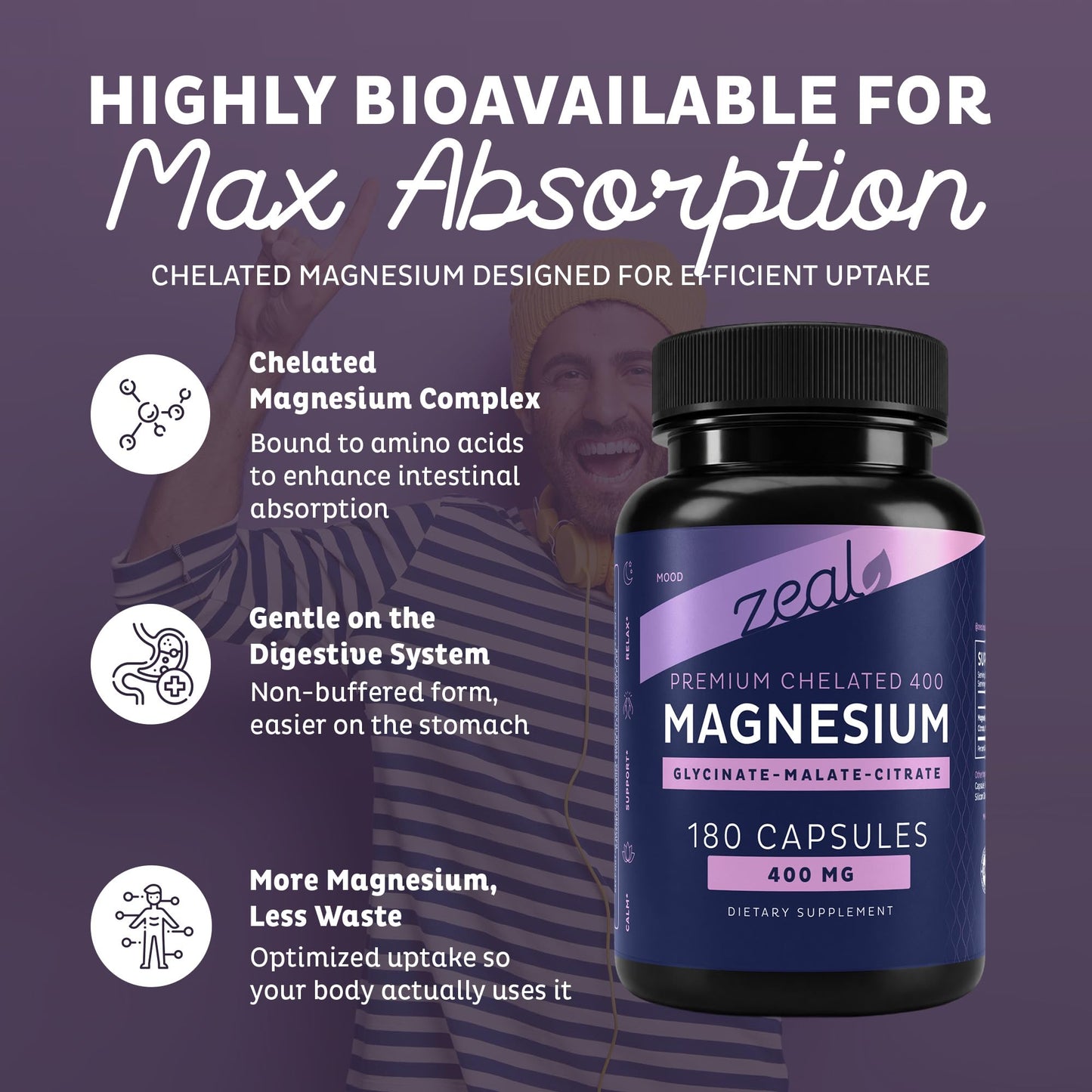 Zeal Naturals Triple Magnesium Complex Supplement - Glycinate, Malate, Citrate | 400mg, 180 Capsules | High Absorption Chelated Magnesium for Sleep, Mood, Muscle Recovery, Relaxation - dailyvitalstore