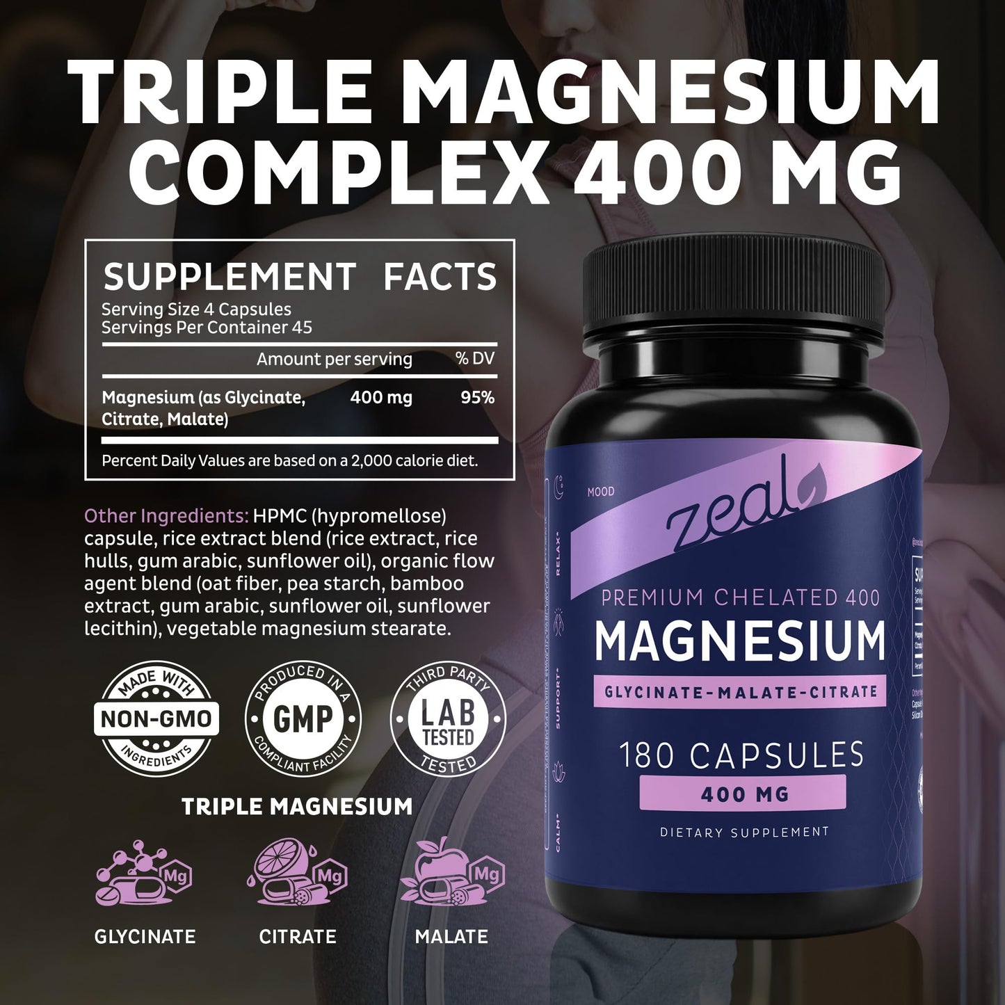 Zeal Naturals Triple Magnesium Complex Supplement - Glycinate, Malate, Citrate | 400mg, 180 Capsules | High Absorption Chelated Magnesium for Sleep, Mood, Muscle Recovery, Relaxation - dailyvitalstore