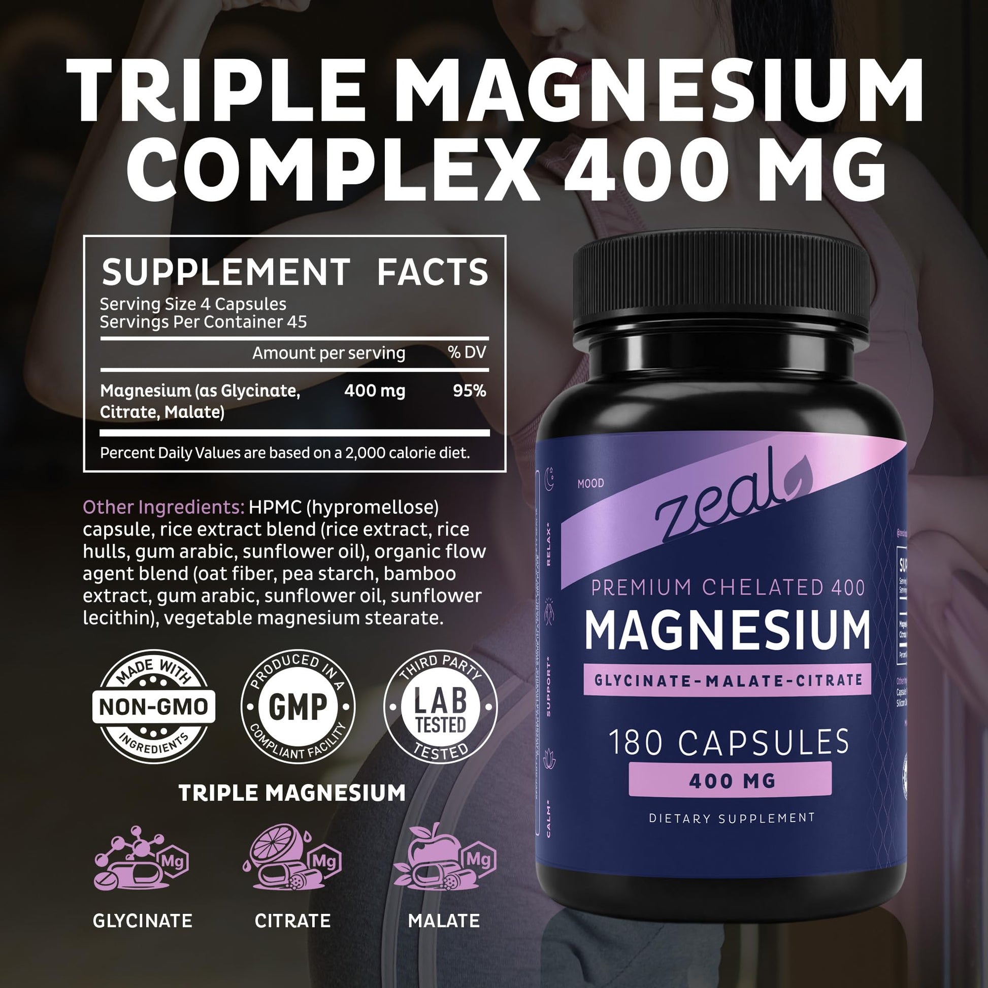 Zeal Naturals Triple Magnesium Complex Supplement - Glycinate, Malate, Citrate | 400mg, 180 Capsules | High Absorption Chelated Magnesium for Sleep, Mood, Muscle Recovery, Relaxation - dailyvitalstore