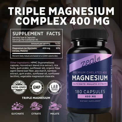 Zeal Naturals Triple Magnesium Complex Supplement - Glycinate, Malate, Citrate | 400mg, 180 Capsules | High Absorption Chelated Magnesium for Sleep, Mood, Muscle Recovery, Relaxation - dailyvitalstore