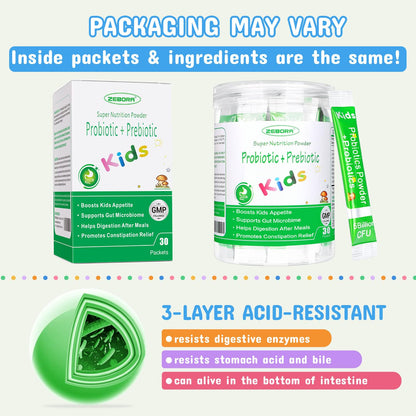 ZEBORA Kids Probiotic & Prebiotics Powder Age 3+ Support Children's Digestive & Immune System with Natural Source, Promotes Constipation Relief, Non-GMO - dailyvitalstore