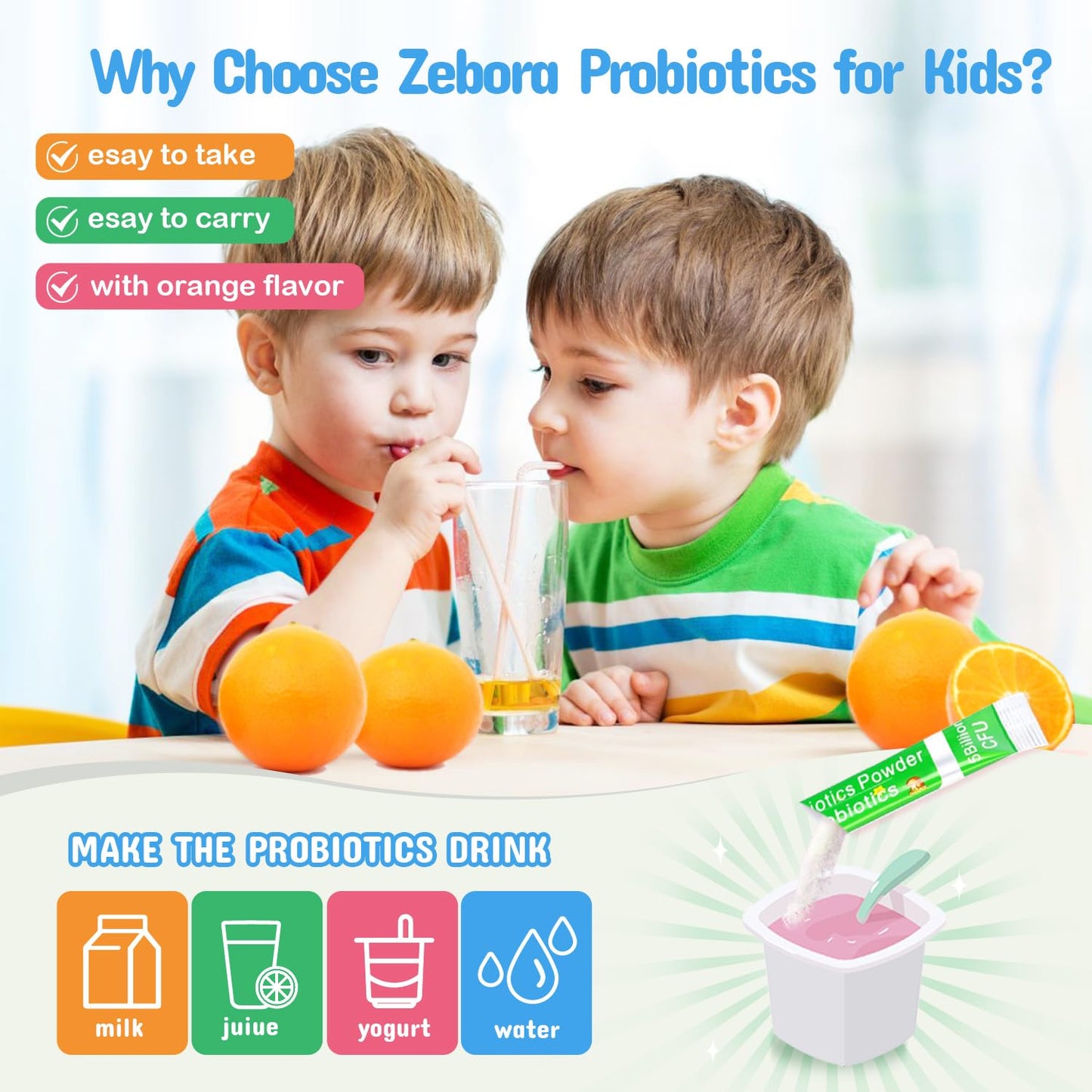 ZEBORA Kids Probiotic & Prebiotics Powder Age 3+ Support Children's Digestive & Immune System with Natural Source, Promotes Constipation Relief, Non-GMO - dailyvitalstore