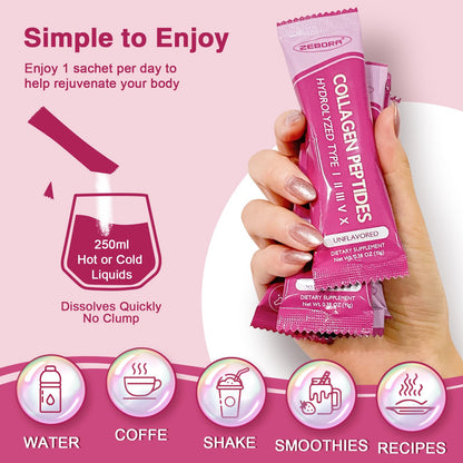 ZEBORA Multi Collagen Peptides Powder Packets with Hyaluronic Acid, Biotin, MCT - Hydrolyzed Collagen with 5 Billion Probiotics - dailyvitalstore