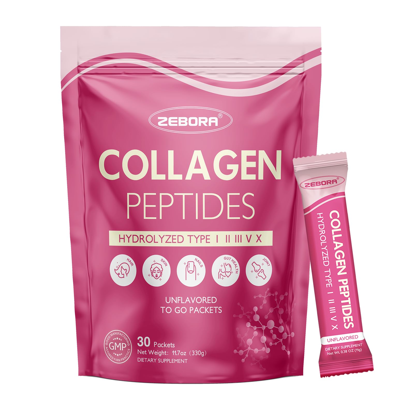 ZEBORA Multi Collagen Peptides Powder Packets with Hyaluronic Acid, Biotin, MCT - Hydrolyzed Collagen with 5 Billion Probiotics - dailyvitalstore