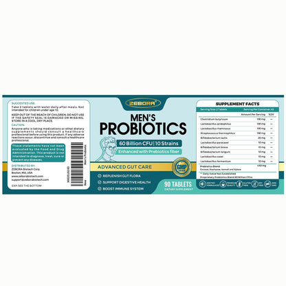 ZEBORA Probiotics for Men and Prebiotics for Digestive Health, 90 Tablets, 60 Billion CFUs for Immune and Gut Health, 10 Strains, Hypoallergenic Probiotics, - dailyvitalstore