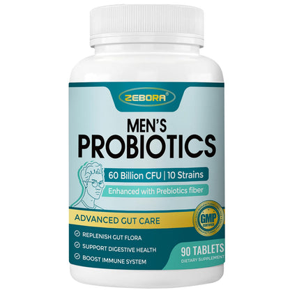 ZEBORA Probiotics for Men and Prebiotics for Digestive Health, 90 Tablets, 60 Billion CFUs for Immune and Gut Health, 10 Strains, Hypoallergenic Probiotics, - dailyvitalstore