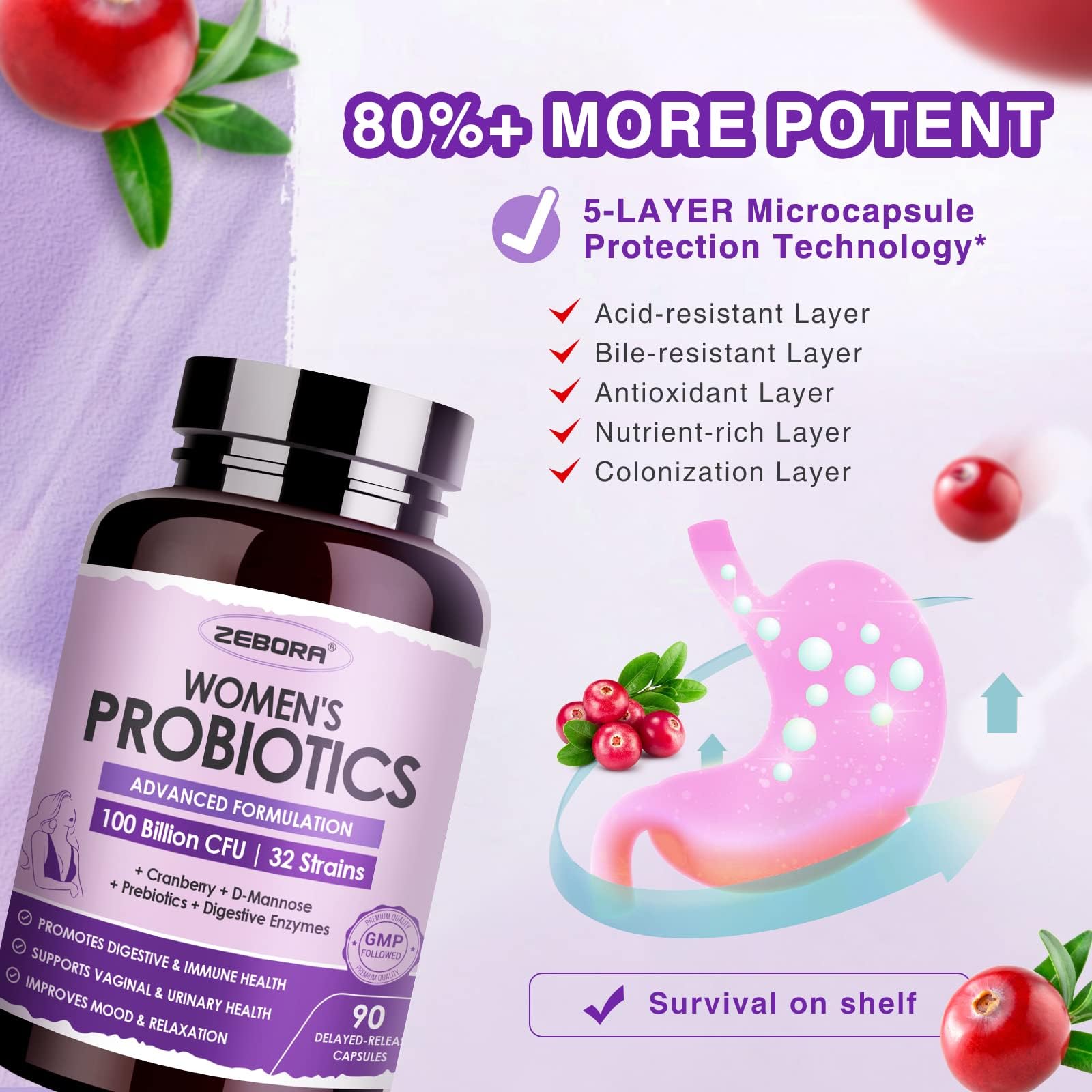 ZEBORA Probiotics for Women Digestive Health with Enzymes & Prebiotics 100 Billion CFUs| Vaginal Probiotics with D Mannose & Cranberry | Urinary Tract Health - dailyvitalstore