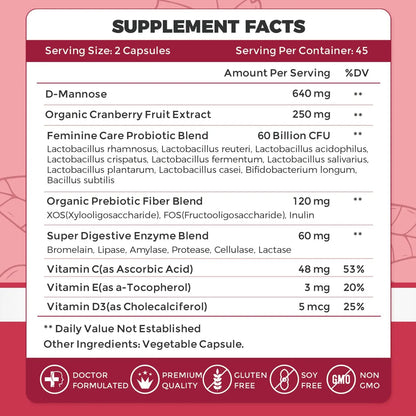 ZEBORA Urinary Tract Health for Women - Vaginal Probiotics for Women Digestive Health and pH Balance - D Mannose Supplements with Cranberry to Cleanse Urinary Tract & Bladder - 90 Capsules - dailyvitalstore