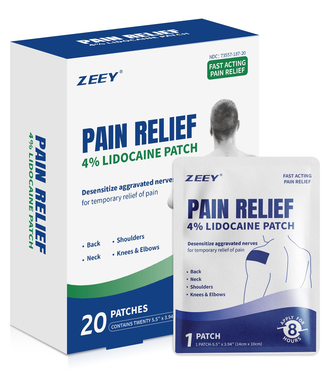 ZEEY 4% Lidocaine Pain Relief Patches, Maximum Strength OTC, for Back, Knee, Neck, Shoulders, Joints, Muscle Soreness, Fast Acting, Topical Anesthetic, Large Gel Patch, 5.5" x 3.94", 20Ct - dailyvitalstore