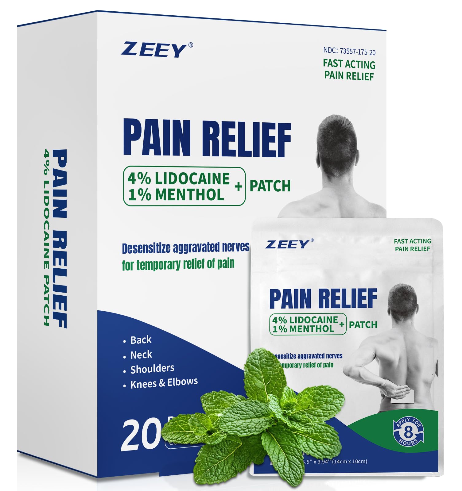 ZEEY 4% Lidocaine Pain Relief Patches, with 1% Menthol Maximum Strength OTC, for Back, Knee, Neck, Shoulders, Joints, Muscle Soreness, Fast Acting, Long Lasting, Large Gel Patch, 5.5" x 3.94", 20Ct - dailyvitalstore