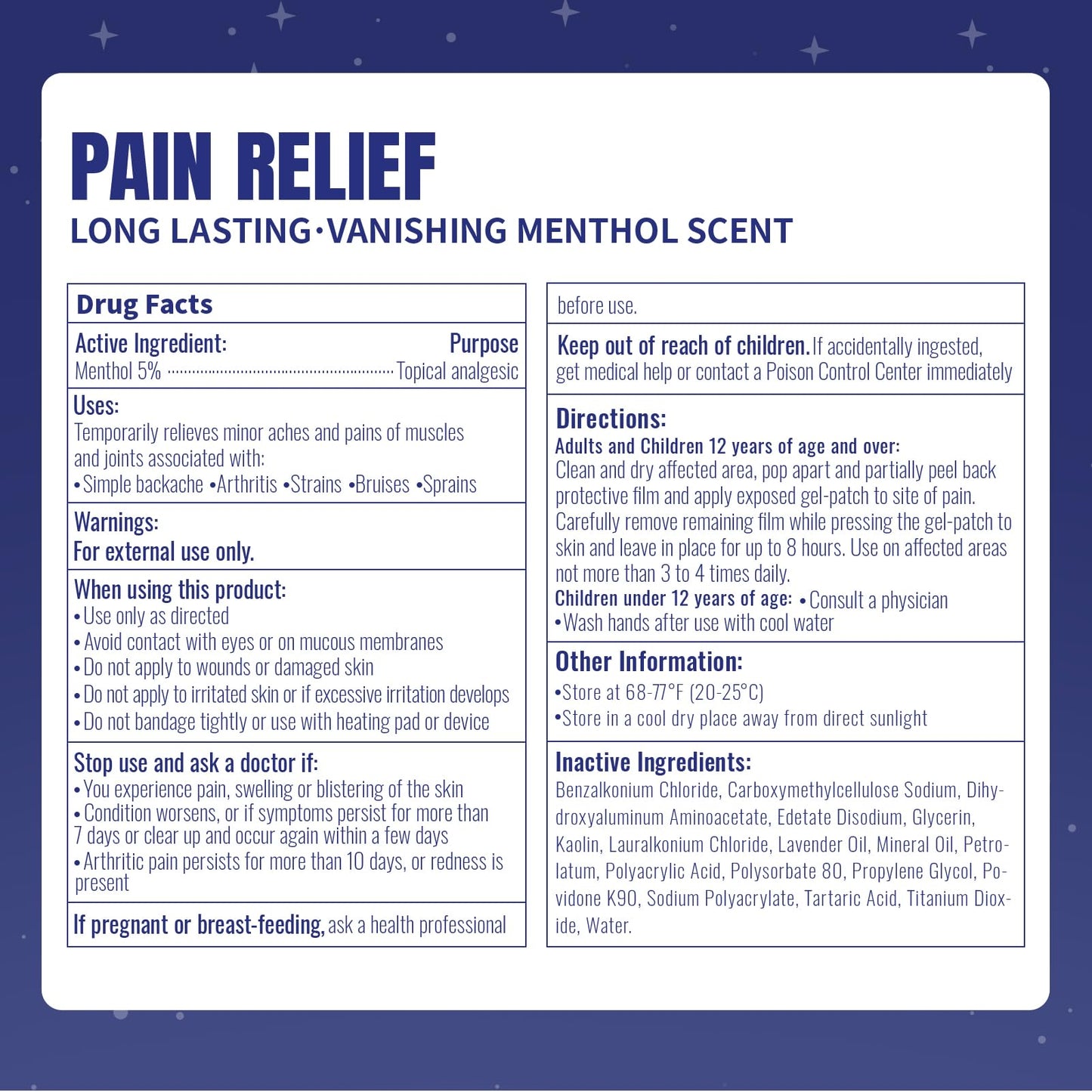 ZEEY 5% Menthol Overnight Pain Relief Patches, French Lavender Oil Pain Patch for Back, Knee, Neck, Shoulders, Joints, Muscle Soreness, Fast Acting, Topical Analgesic, Gel Patch, 3.94" x 2.76", 5Ct - dailyvitalstore