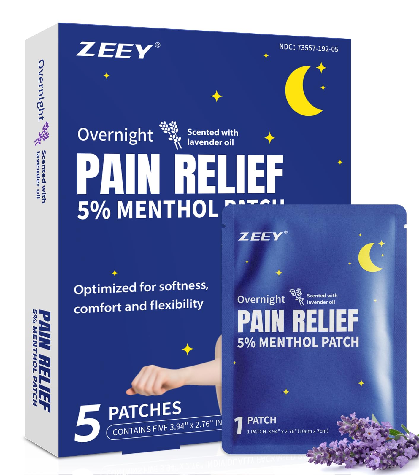ZEEY 5% Menthol Overnight Pain Relief Patches, French Lavender Oil Pain Patch for Back, Knee, Neck, Shoulders, Joints, Muscle Soreness, Fast Acting, Topical Analgesic, Gel Patch, 3.94" x 2.76", 5Ct - dailyvitalstore