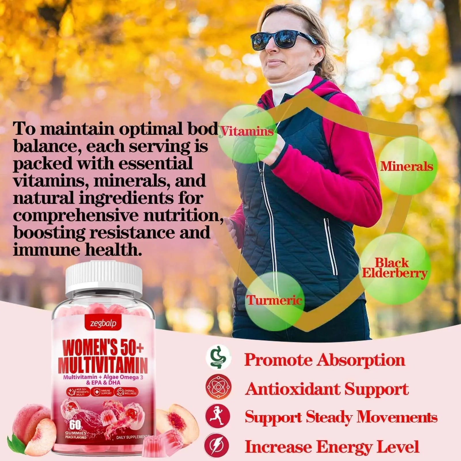 ZEGBALP Sugar-Free Womens Multivitamin 50 Plus Gummies with Calcium, Magnesium, Zinc, Vitamin A, C, D3, E, K2, B Complex, Folate, Biotin - dailyvitalstore