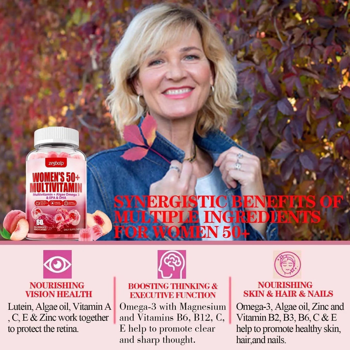 ZEGBALP Sugar-Free Womens Multivitamin 50 Plus Gummies with Calcium, Magnesium, Zinc, Vitamin A, C, D3, E, K2, B Complex, Folate, Biotin - dailyvitalstore