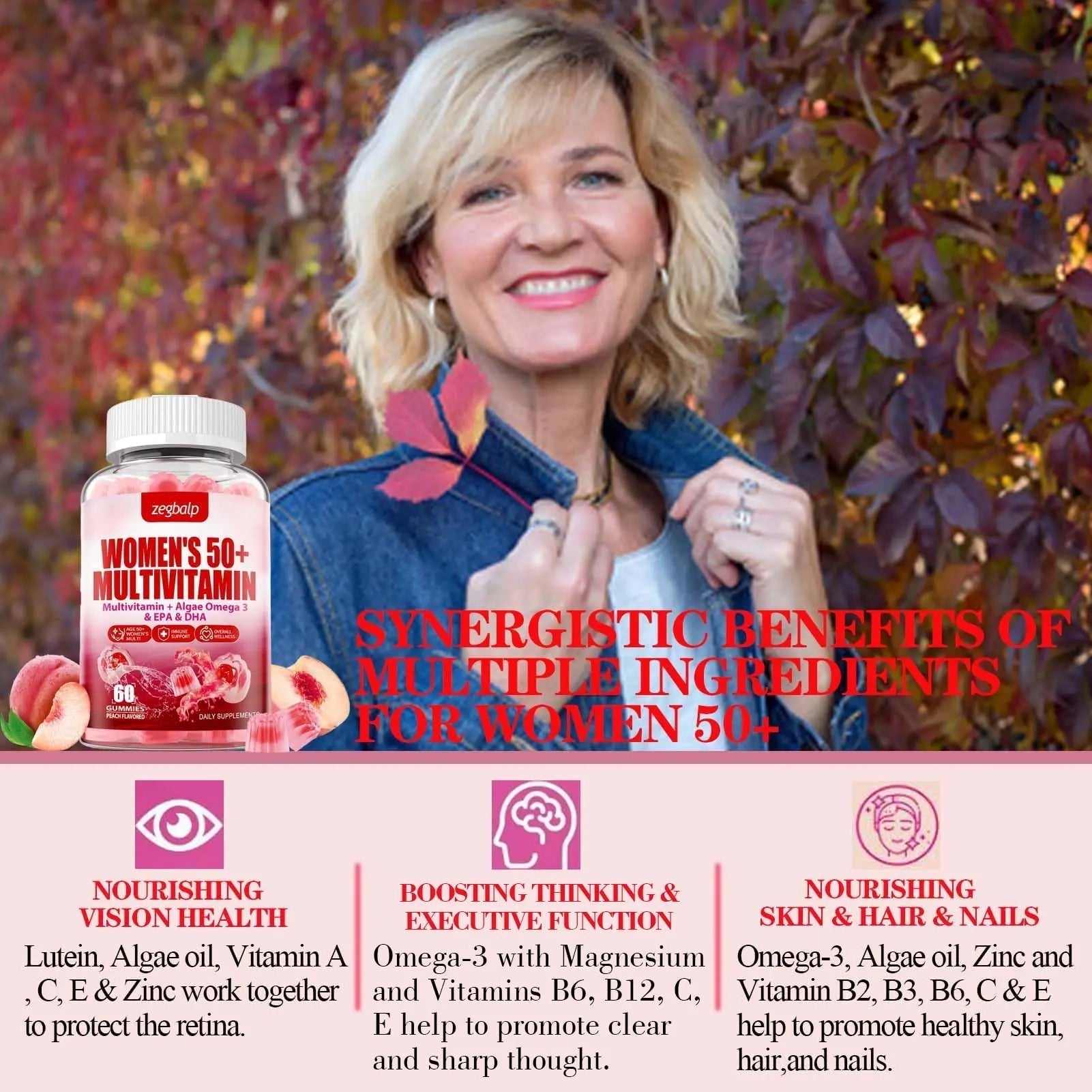 ZEGBALP Sugar-Free Womens Multivitamin 50 Plus Gummies with Calcium, Magnesium, Zinc, Vitamin A, C, D3, E, K2, B Complex, Folate, Biotin - dailyvitalstore