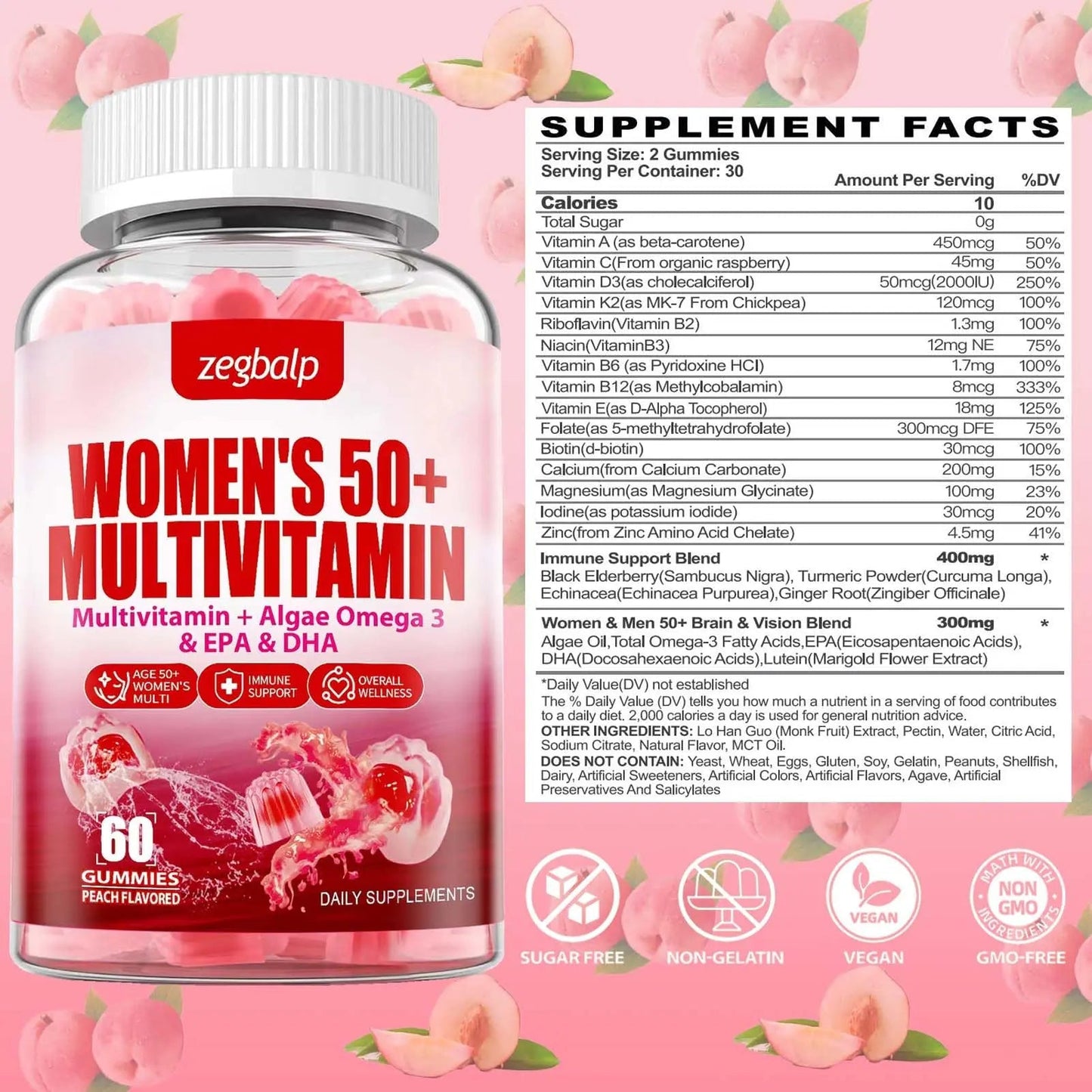ZEGBALP Sugar-Free Womens Multivitamin 50 Plus Gummies with Calcium, Magnesium, Zinc, Vitamin A, C, D3, E, K2, B Complex, Folate, Biotin - dailyvitalstore