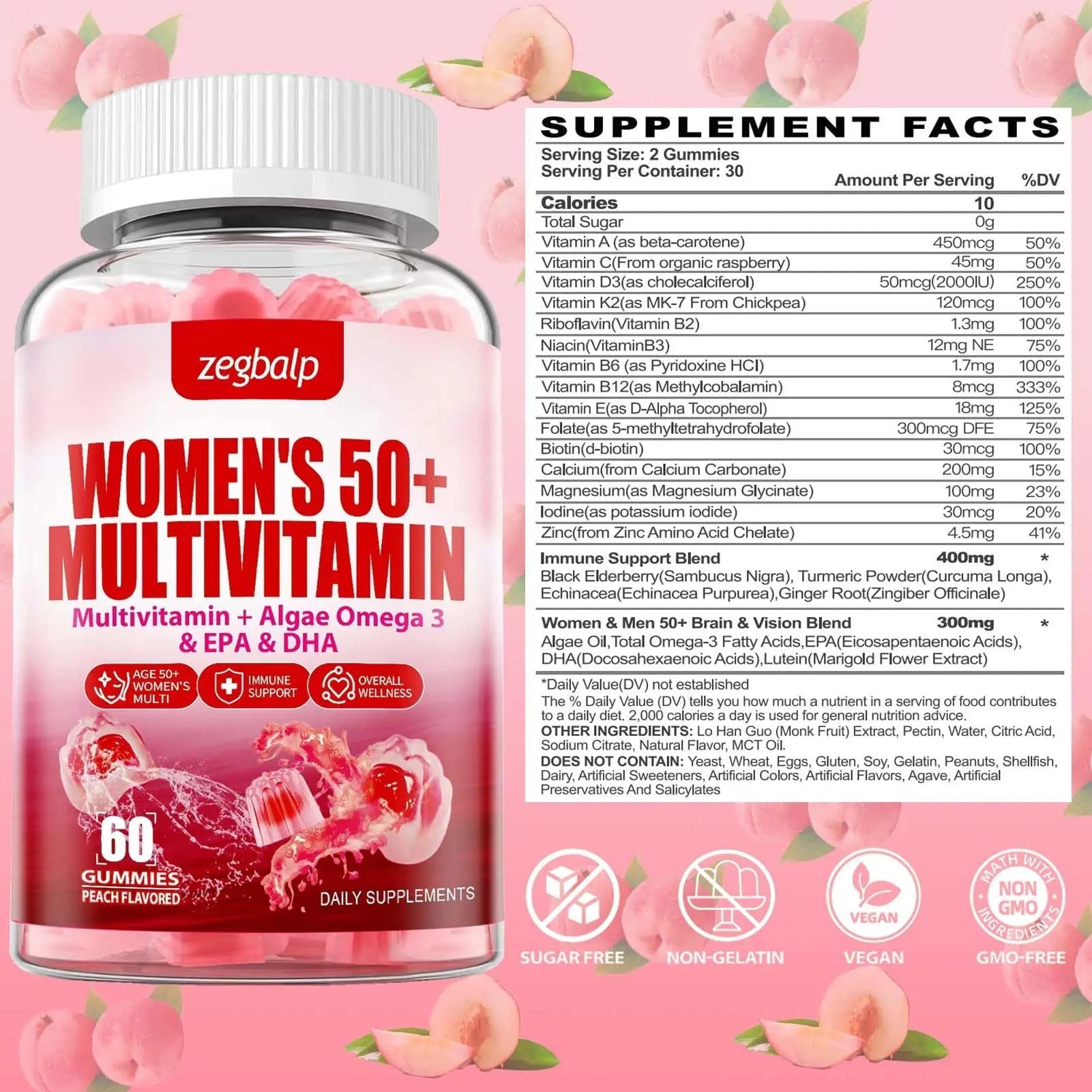 ZEGBALP Sugar-Free Womens Multivitamin 50 Plus Gummies with Calcium, Magnesium, Zinc, Vitamin A, C, D3, E, K2, B Complex, Folate, Biotin - dailyvitalstore