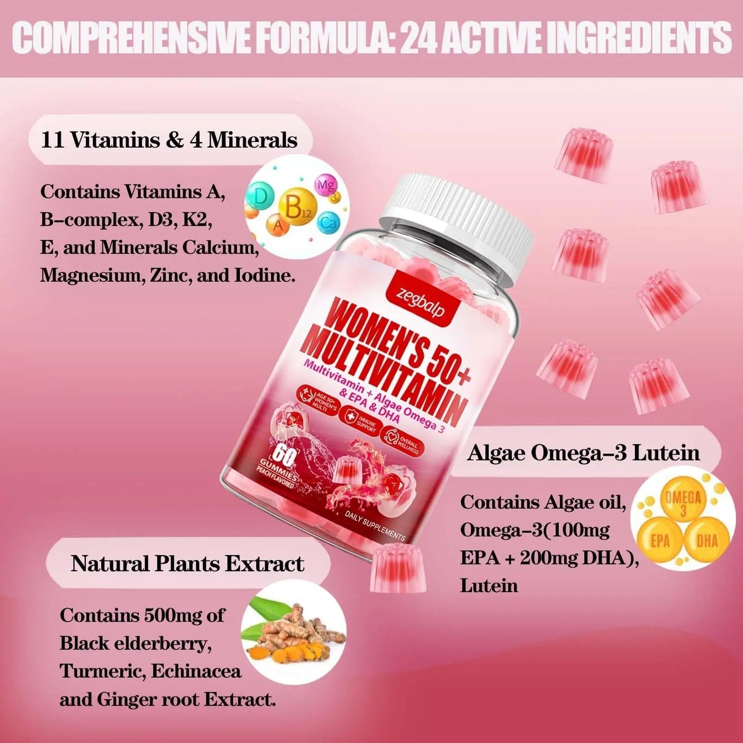 ZEGBALP Sugar-Free Womens Multivitamin 50 Plus Gummies with Calcium, Magnesium, Zinc, Vitamin A, C, D3, E, K2, B Complex, Folate, Biotin - dailyvitalstore