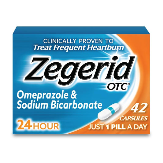 Zegerid OTC, 24-Hour Heartburn Relief, Acid Reflux Medicine and Antacid, Treats Frequent Heartburn, Omeprazole 20mg + Sodium Bicarbonate, Proton Pump Inhibitor (PPI), 42 Capsules - dailyvitalstore