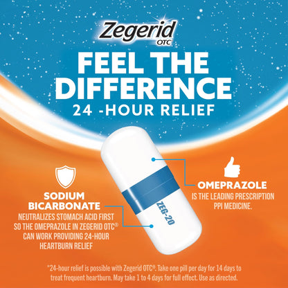 Zegerid OTC, 24-Hour Heartburn Relief, Acid Reflux Medicine and Antacid, Treats Frequent Heartburn, Omeprazole 20mg + Sodium Bicarbonate, Proton Pump Inhibitor (PPI), 42 Capsules - dailyvitalstore