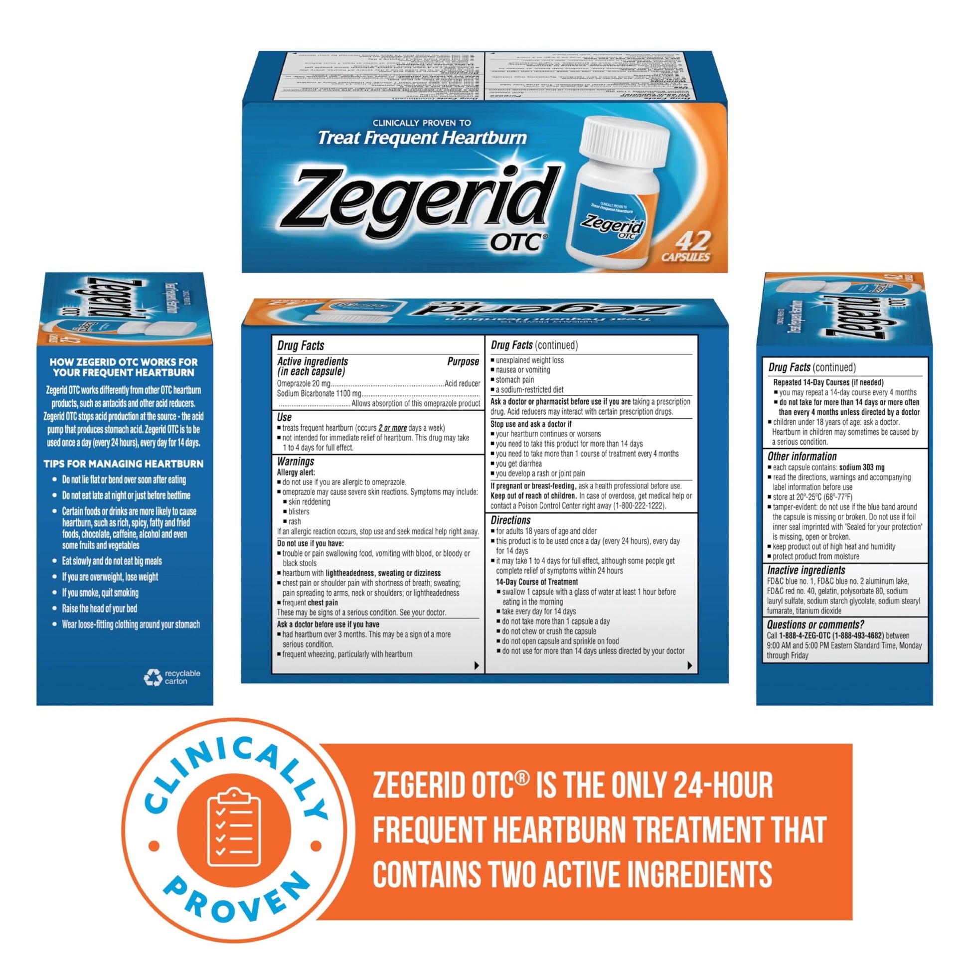 Zegerid OTC, 24-Hour Heartburn Relief, Acid Reflux Medicine and Antacid, Treats Frequent Heartburn, Omeprazole 20mg + Sodium Bicarbonate, Proton Pump Inhibitor (PPI), Two 42ct Cartons - dailyvitalstore