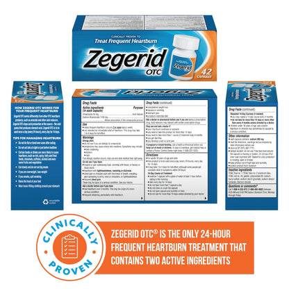 Zegerid OTC, 24-Hour Heartburn Relief, Acid Reflux Medicine and Antacid, Treats Frequent Heartburn, Omeprazole 20mg + Sodium Bicarbonate, Proton Pump Inhibitor (PPI), Two 42ct Cartons - dailyvitalstore