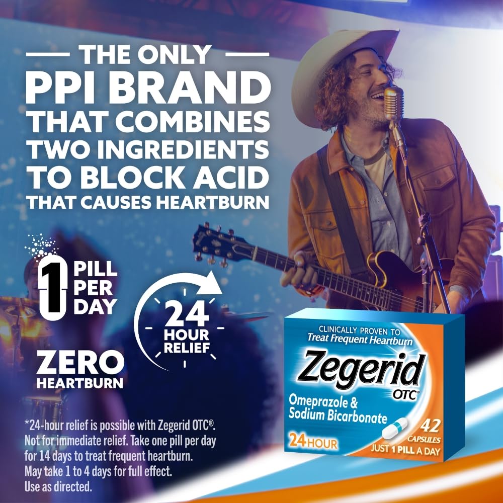 Zegerid OTC, 24-Hour Heartburn Relief, Acid Reflux Medicine and Antacid, Treats Frequent Heartburn, Omeprazole 20mg + Sodium Bicarbonate, Proton Pump Inhibitor (PPI), Two 42ct Cartons - dailyvitalstore