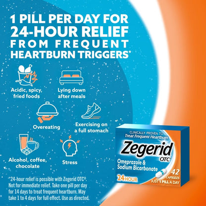 Zegerid OTC, 24-Hour Heartburn Relief, Acid Reflux Medicine and Antacid, Treats Frequent Heartburn, Omeprazole 20mg + Sodium Bicarbonate, Proton Pump Inhibitor (PPI), Two 42ct Cartons - dailyvitalstore