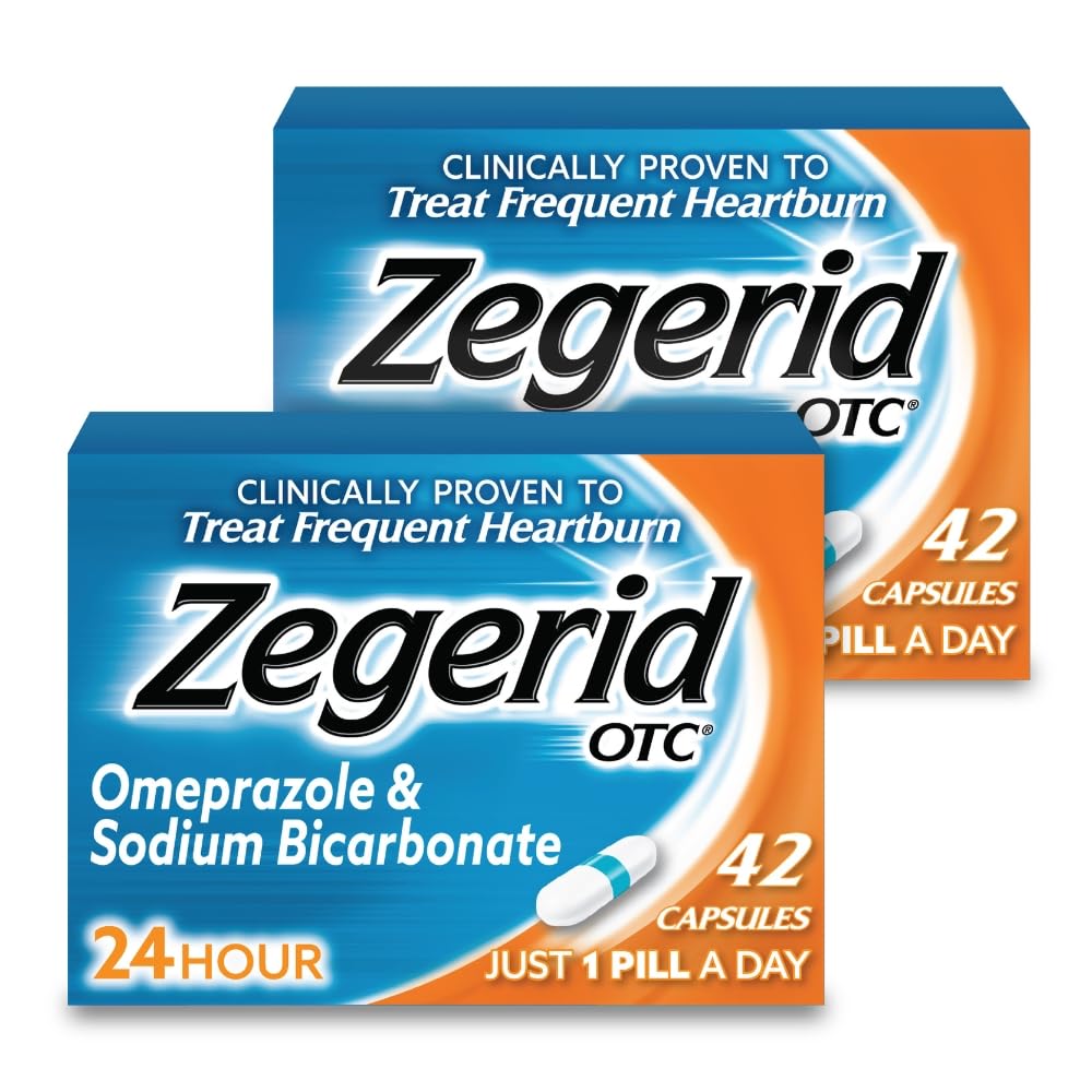 Zegerid OTC, 24-Hour Heartburn Relief, Acid Reflux Medicine and Antacid, Treats Frequent Heartburn, Omeprazole 20mg + Sodium Bicarbonate, Proton Pump Inhibitor (PPI), Two 42ct Cartons - dailyvitalstore