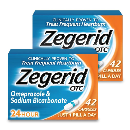 Zegerid OTC, 24-Hour Heartburn Relief, Acid Reflux Medicine and Antacid, Treats Frequent Heartburn, Omeprazole 20mg + Sodium Bicarbonate, Proton Pump Inhibitor (PPI), Two 42ct Cartons - dailyvitalstore