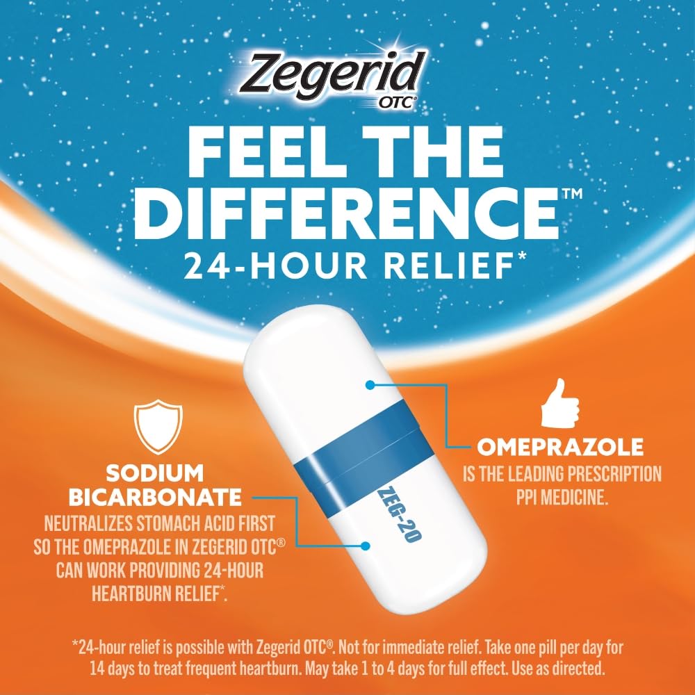 Zegerid OTC, 24-Hour Heartburn Relief, Acid Reflux Medicine and Antacid, Treats Frequent Heartburn, Omeprazole 20mg + Sodium Bicarbonate, Proton Pump Inhibitor (PPI), Two 42ct Cartons - dailyvitalstore