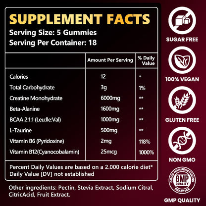 ZELKORE Creatine Monohydrate Gummies 6000mg for Men & Women, Sugar Free Creatine Gummy for Pre & Post Workout, High Absorption Supplement with BCAA, Support Boost Strength, - dailyvitalstore