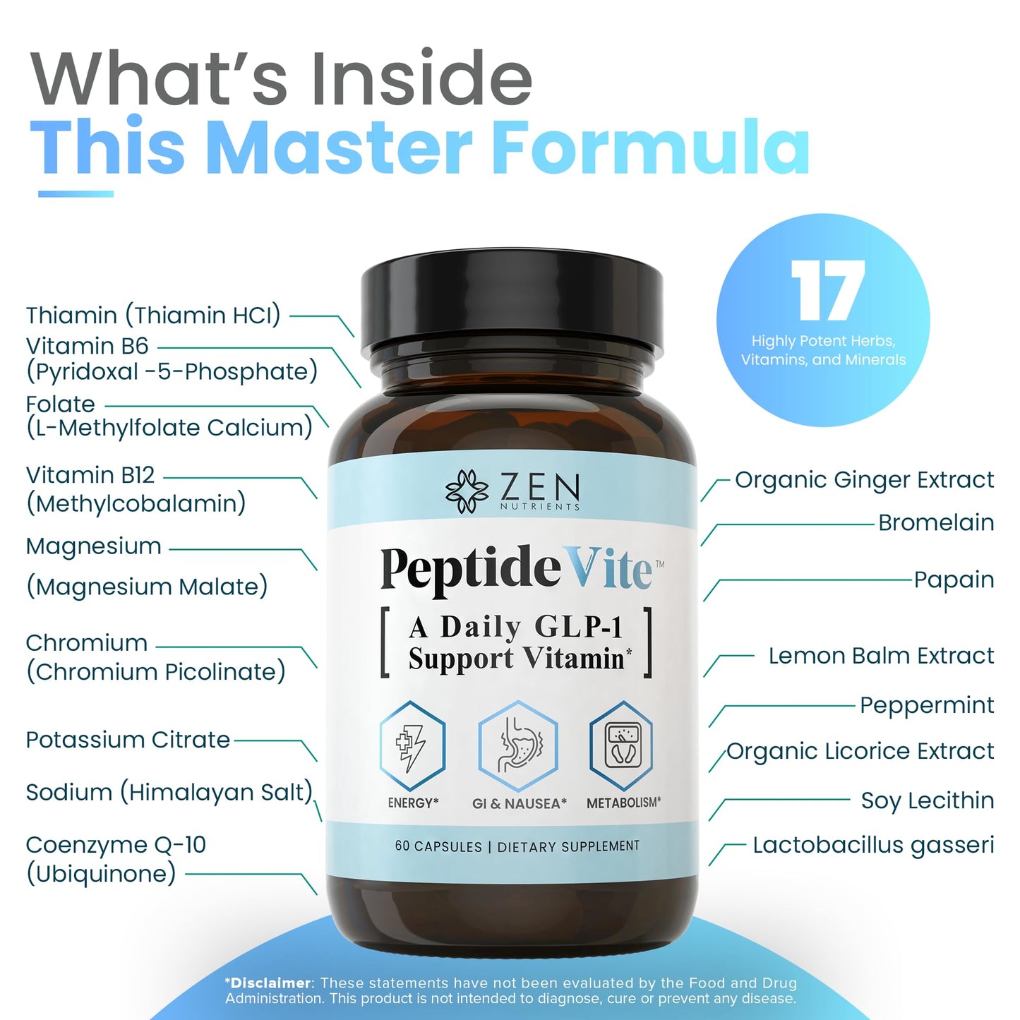 Zen Nutrients PeptideVite Support Vitamin for Gut Health with Probiotics, Bromelain, Chromium Picolinate & Organic Ginger (60 Capsules) - dailyvitalstore
