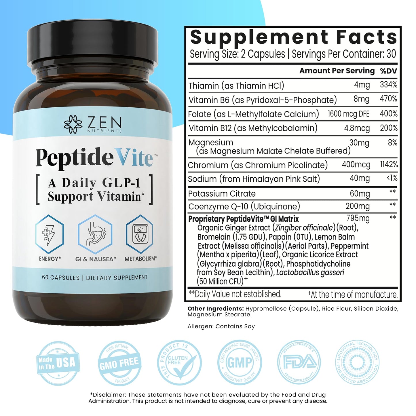 Zen Nutrients PeptideVite Support Vitamin for Gut Health with Probiotics, Bromelain, Chromium Picolinate & Organic Ginger (60 Capsules) - dailyvitalstore