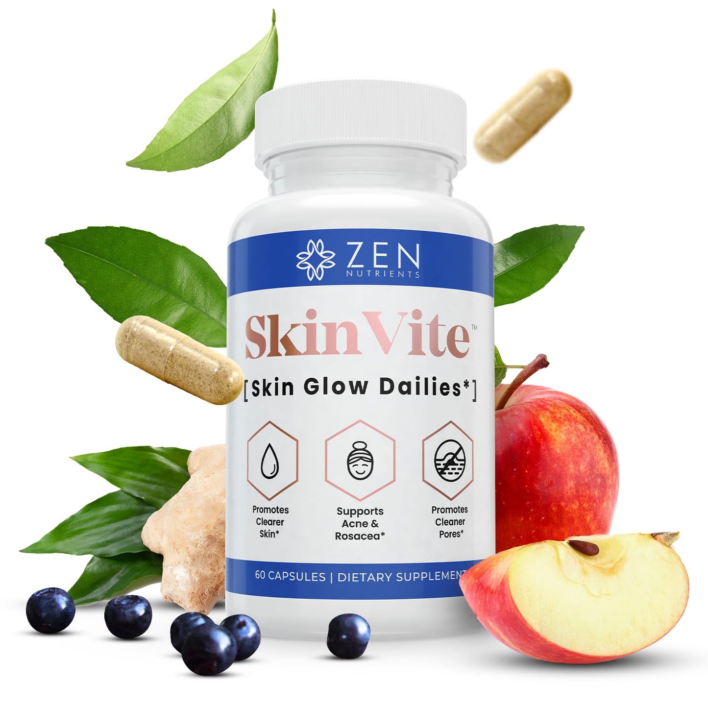 Zen Nutrients SkinVite Natural Skin Supplement for Women, Men & Teens - Hormonal Breakouts & Clear Skin Support Supplement - Detoxifying Vitamin for Acne and Digestion Support - dailyvitalstore